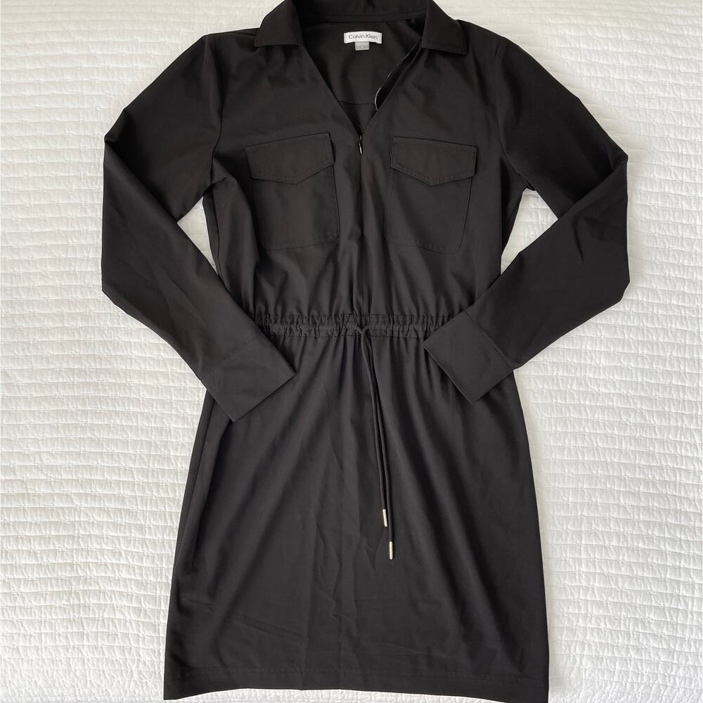 Calvin Klein Lightweight Long Sleeve Zip Front Above Knee Shirt Dress in Black 4